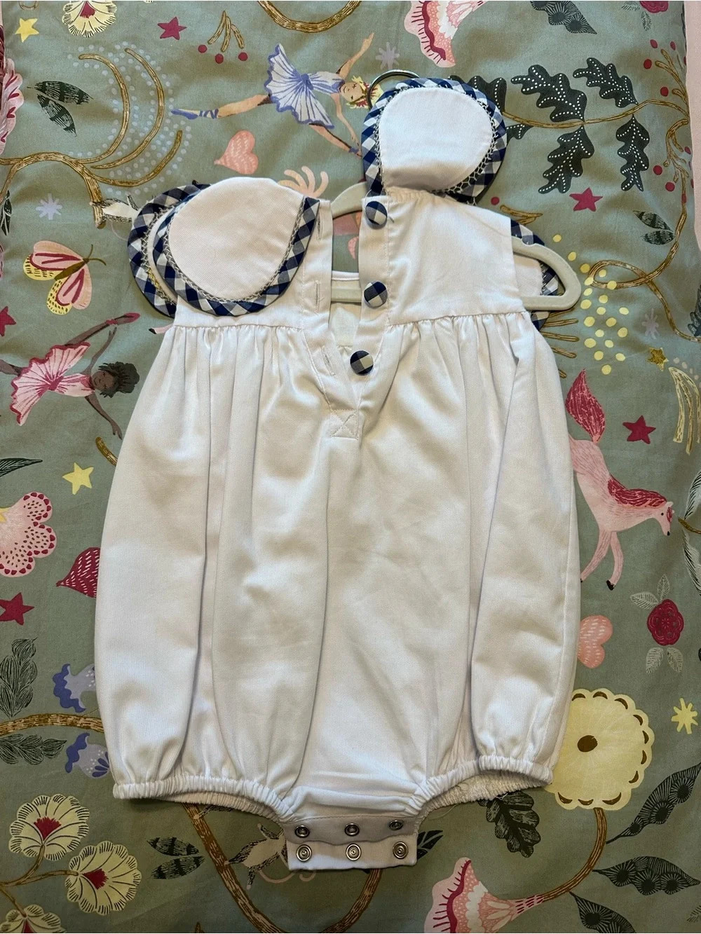 White 18M Bubble Romper with Navy Gingham Trim and Navy ‘A’ Monogram